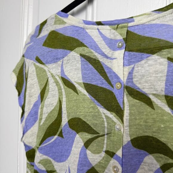Abstract Linen Blouse Womens Large Purple Green Short Sleeve Beachy Summer - Picture 4 of 6